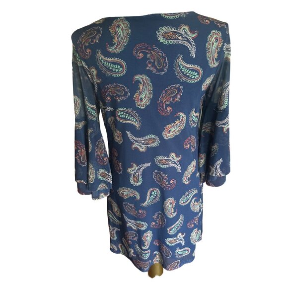 Allison Brittney Boho Paisley Dress With Bell Sleeves - Petite Small - Navy Blue - Picture 3 of 8